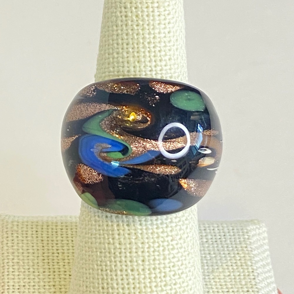 Art Glass Dome Ring Black Blue Green Copper Aventurine Swirl Statement Size 7.5